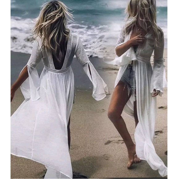 New Boho Flowy Mesh Lace Tie Maxi Kimono Dress Duster Jacket Robe Swim Cover Up - Picture 2 of 16